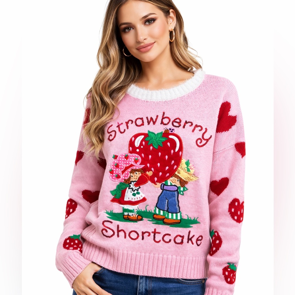 0212.Embroidered  Strawberry Shortcake with Hearts Pink Sweater